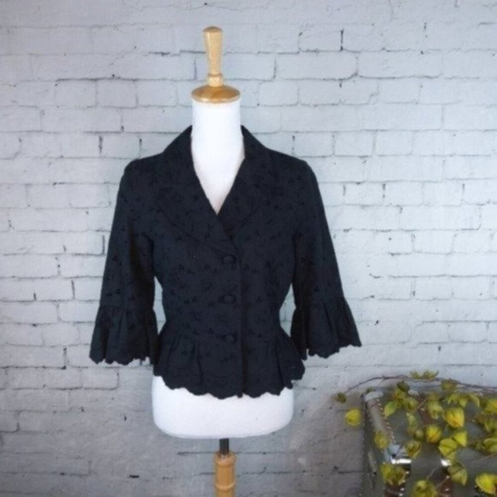 Conspicuous Eyelet Lace Bell Sleeve Blazer Black Size Medium